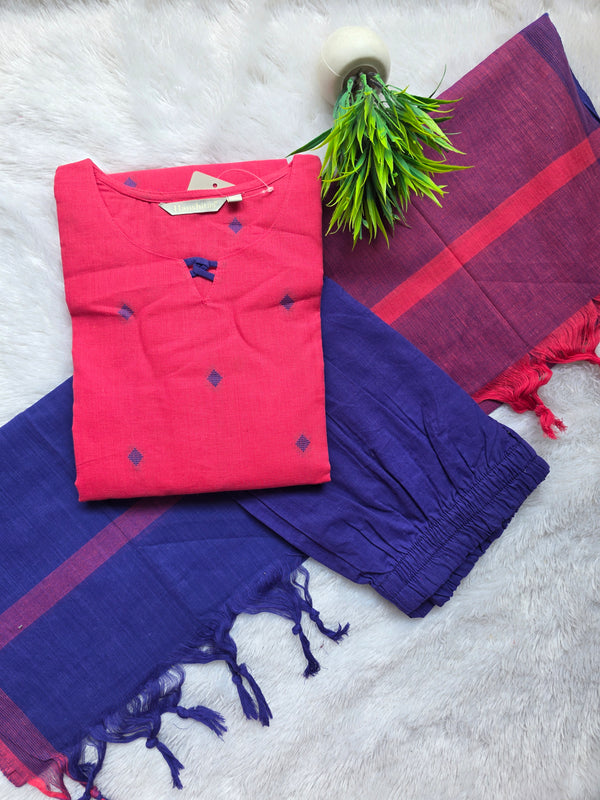 DARK CORAL PINK WITH PURPLE BLUE PREMIUM HANDLOOM DOBBY COTTON SALWAR SETS 0540