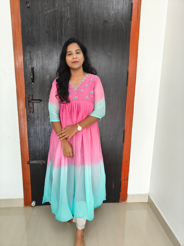 Party Wear Handwork Georgette Dual color Anarkali 0473