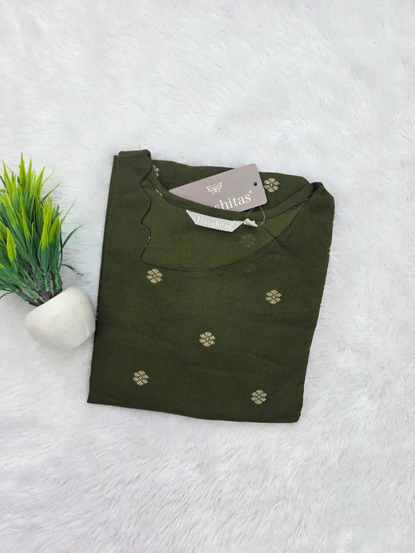 SCALLOPED PREMIUM FLEX COTTON KURTIS OLIVE GREEN 0599