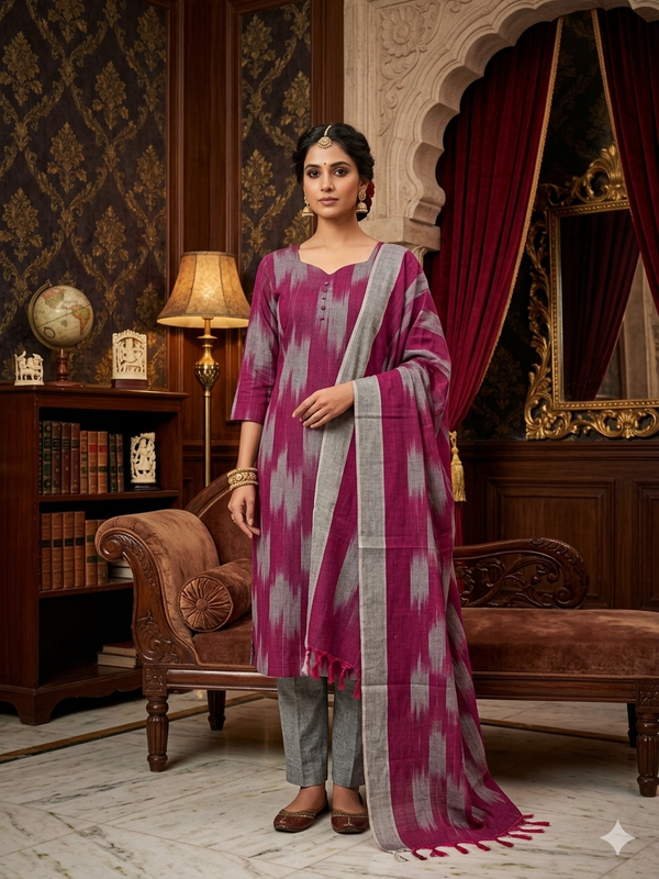 BEETROOT PINK PREMIUM HANDLOOM IKKAT COTTON SALWAR SETS 0539