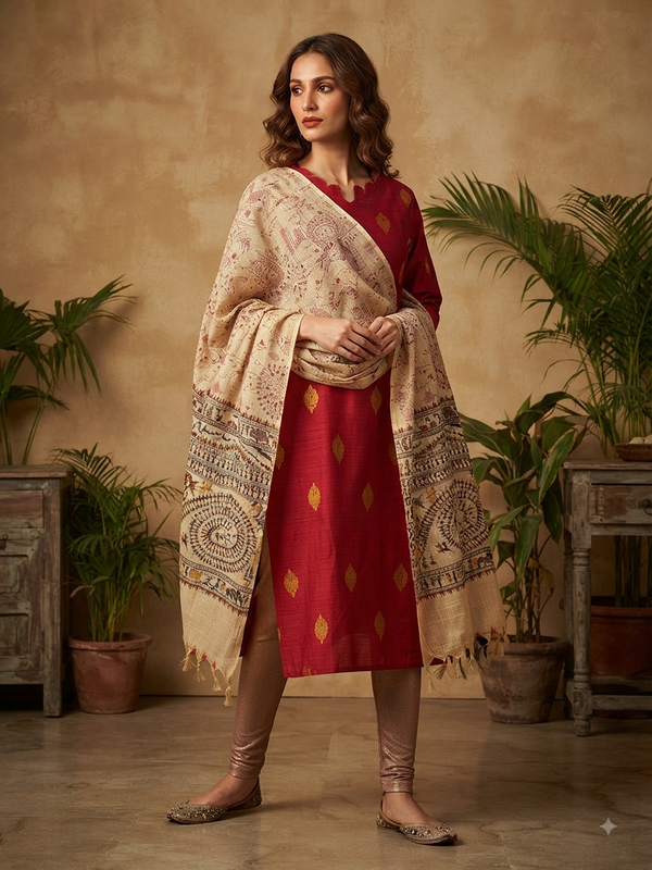 RAW SILK KURTI WITH MADHUBANI DUPATTA 0622