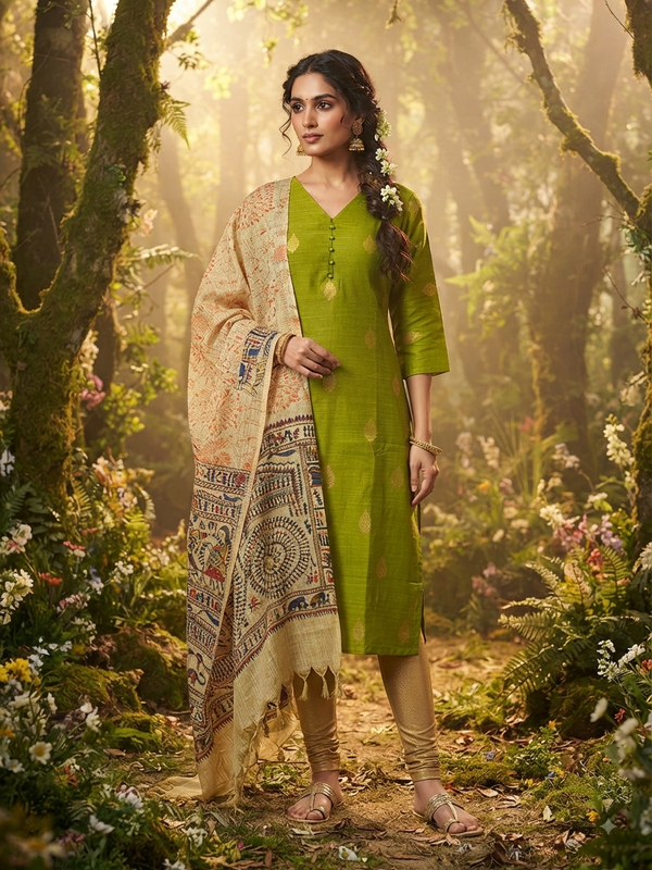 RAW SILK KURTI WITH MADHUBANI DUPATTA 0622