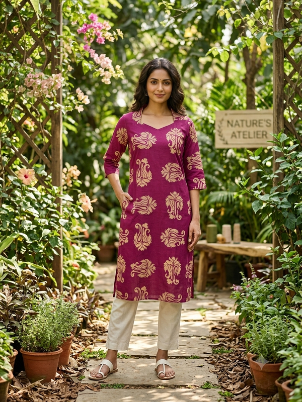 V SHAPED COLLAR PREMIUM COTTON KURTIS MAGENTA 0599