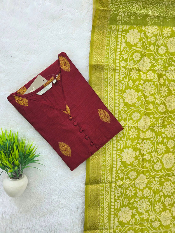 RAW SILK KURTI WITH KALAMKARI DUPATTA 0629