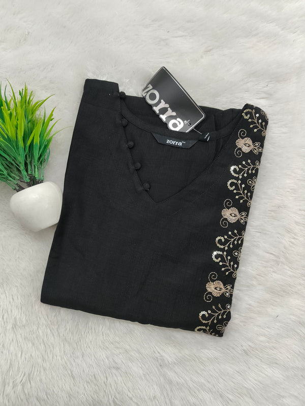 PREMIUM VATICAN SILK  ONE SIDE BLACK EMBRODIERY KURTIS 0490