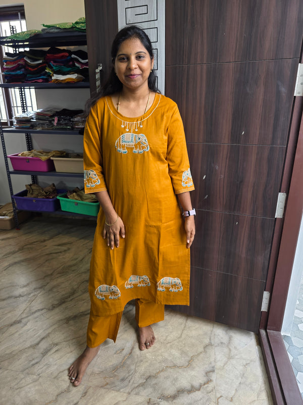 MUSTARD ELEPHANT EMBROIDERED COTTON CO-ORD SETS 0543
