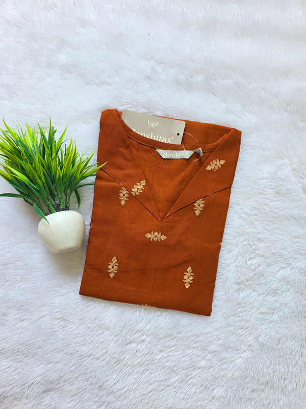 V-COLLAR NECK PREMIUM FLEX COTTON KURTIS RUST /0582