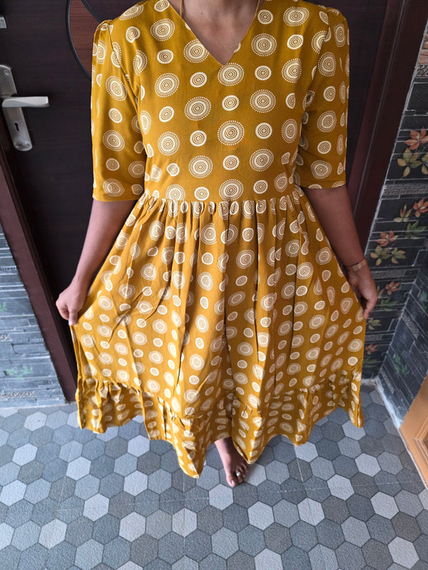 MUSTARD CIRCLE DESIGN COTTON MAXI DRESS 0550