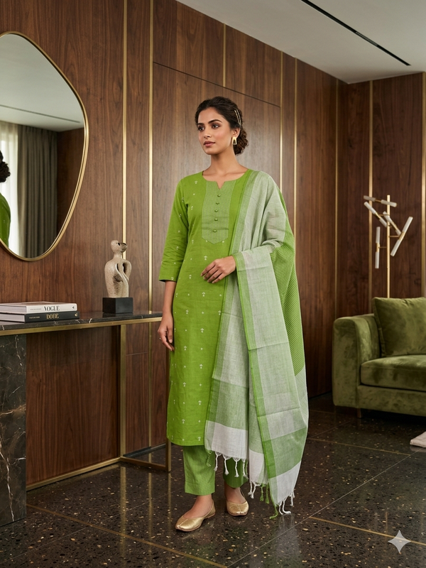 APPLE GREEN PURE HANDLOOM COTTON 3 PIECE SALWAR SETS 0533