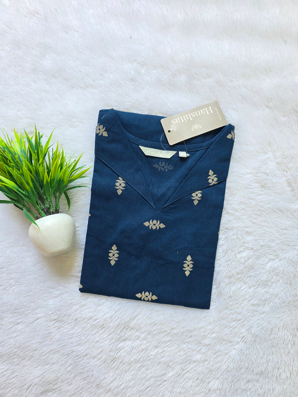 V-COLLAR NECK PREMIUM FLEX COTTON KURTIS BLUE /0582