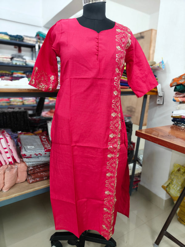 PREMIUM VATICAN SILK  ONE SIDE PINK EMBRODIERY KURTIS 0490