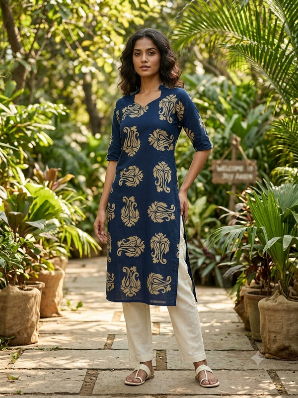 V SHAPED COLLAR PREMIUM COTTON KURTIS BLUE 0599