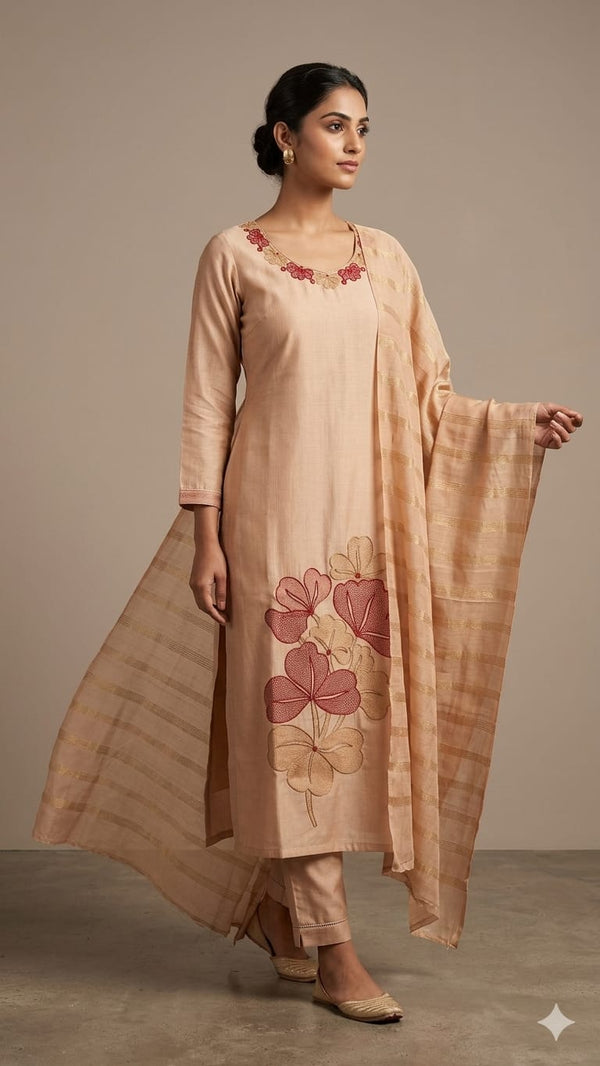 BEIGE COLOR PREMIUM FLOWER EMBROIDERED SOFT VATICAN SILK SALWAR SETS 0522