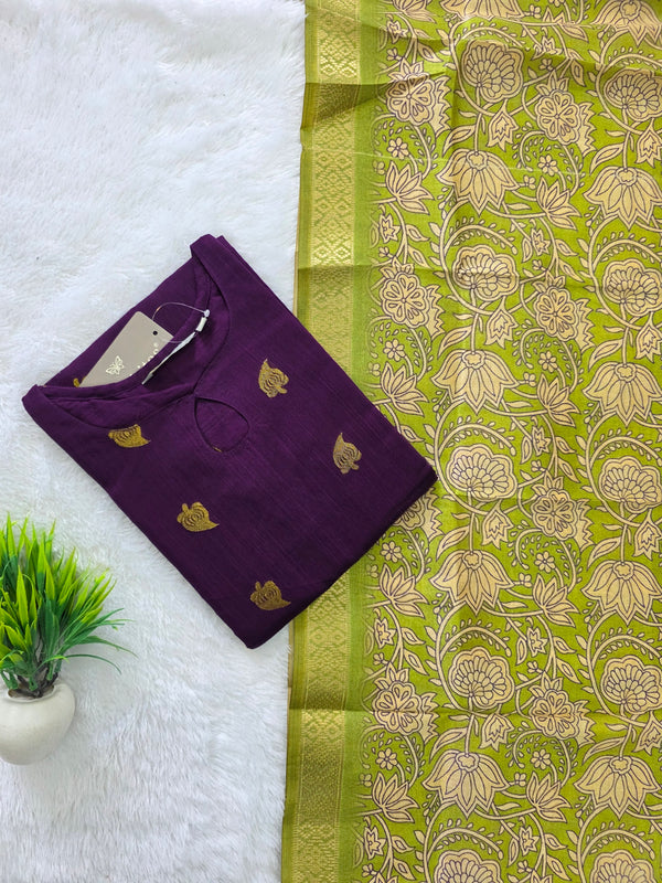 RAW SILK KURTI WITH KALAMKARI DUPATTA 0629