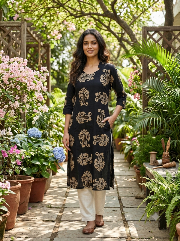 V SHAPED COLLAR PREMIUM COTTON KURTIS BLACK 0599