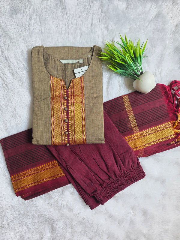 GREY & MAROON HANDLOOM MANGALGIRI COTTON SALWAR SETS 0483