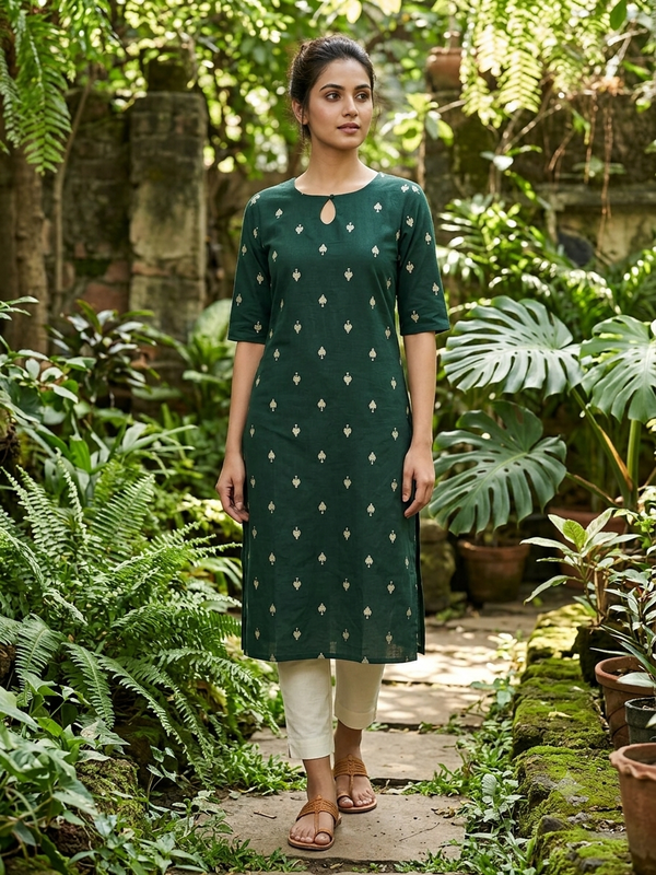 KEYHOLE NECK PREMIUM FLEX COTTON KURTIS BOTTLE GREEN /0582