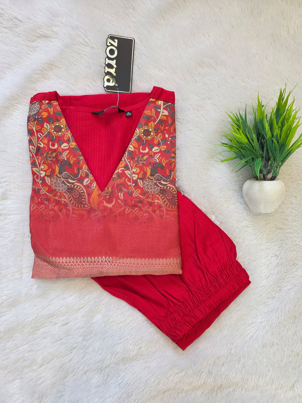 RED BERLIN SILK WITH ORGANZA PATCH WORK CO-ORD SETS 0532