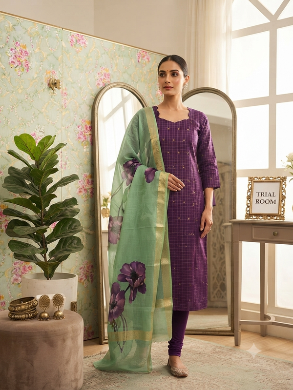 PURPLE RAW SILK KURTI WITH KALAMKARI DUPATTA 0604