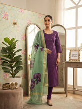 PURPLE RAW SILK KURTI WITH KALAMKARI DUPATTA 0604