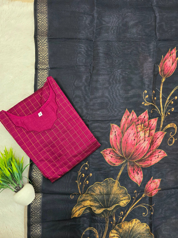 RAW SILK KURTI WITH NAVY BLUE KALAMKARI DUPPATTA 0509