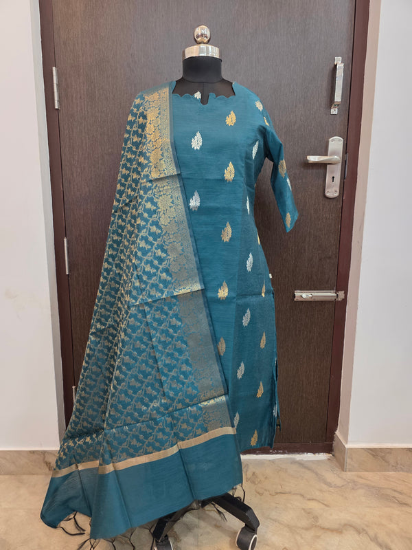 PREMIUM HANDLOOM PEACOCK GREEN BANARASI KURTIS WITH MATCHING NEEM ZARI WEAVING BORDER 0521