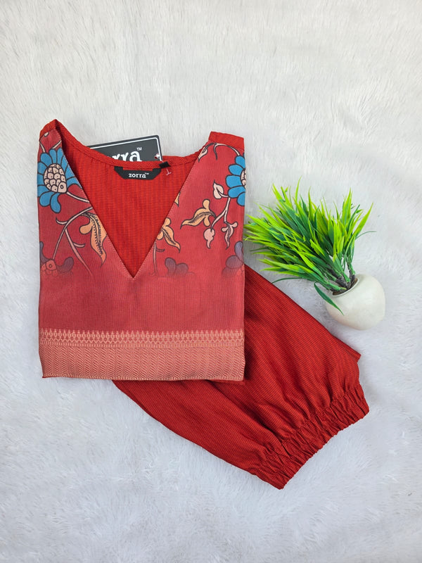 RUST ORANGE BERLIN SILK WITH ORGANZA PATCH WORK CO-ORD SETS 0532