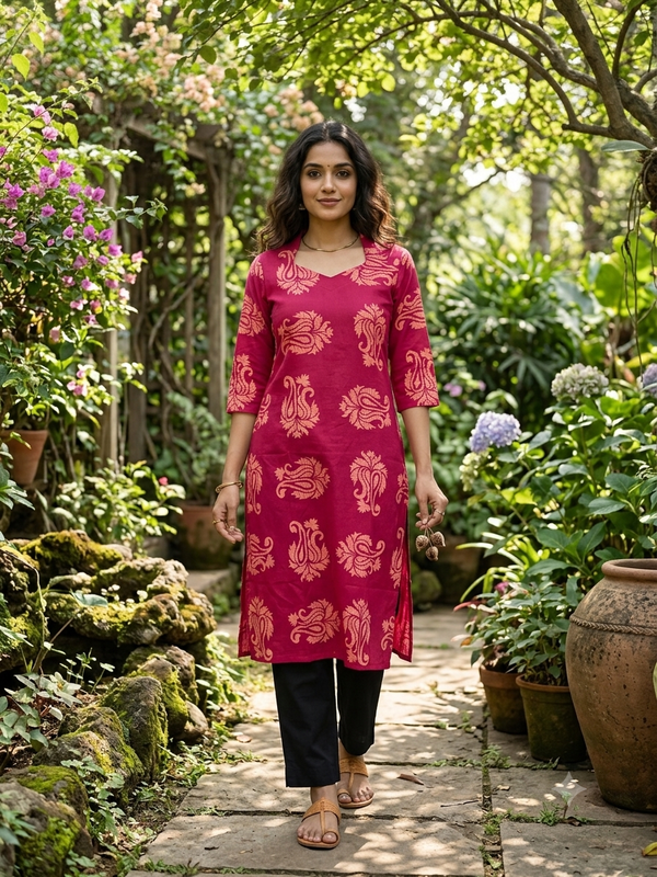 V SHAPED COLLAR PREMIUM COTTON KURTIS PINK 0599