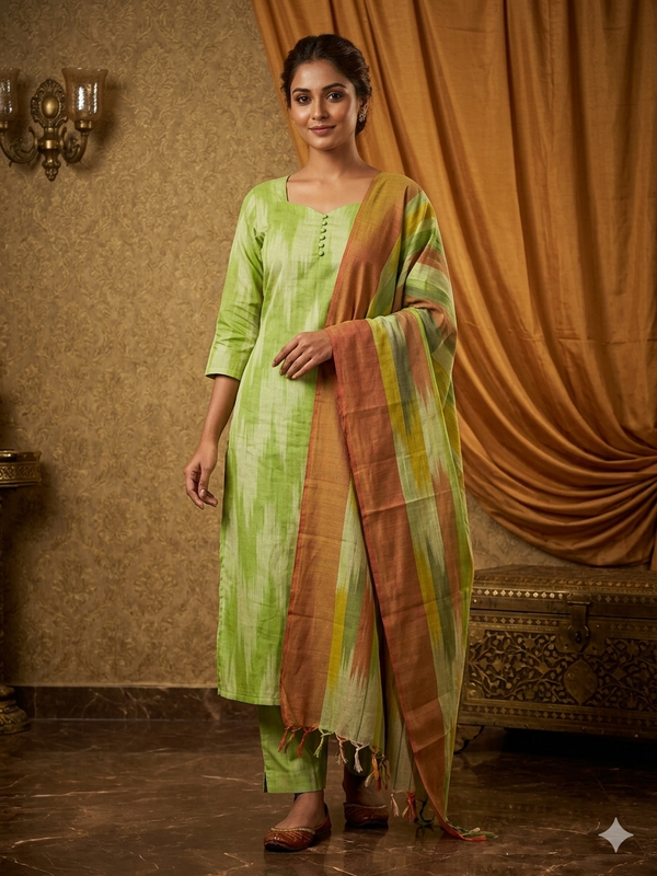 PISTA GREEN PREMIUM HANDLOOM IKKAT COTTON SALWAR SETS 0539