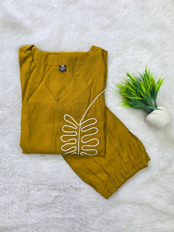 LEAF THREAD EMBROIDERED CO-ORD SETS MUSTARD 0595