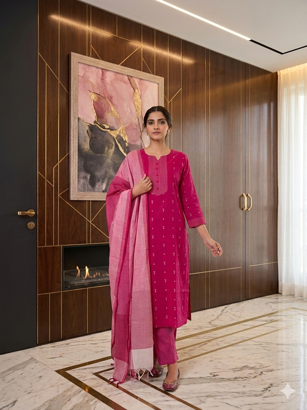 RANI PINK PURE HANDLOOM COTTON 3 PIECE SALWAR SETS 0533