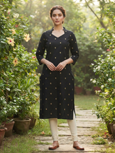 V COLLAR NECK PREMIUM FLEX COTTON KURTIS BLACK 0599