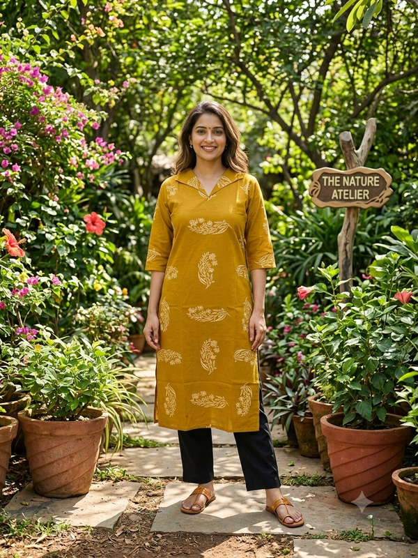 V COLLAR NECK PREMIUM COTTON KURTIS MUSTARD 0599