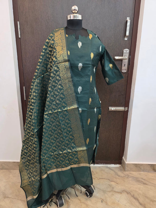 PREMIUM HANDLOOM BOTTLE GREEN BANARASI KURTIS WITH MATCHING NEEM ZARI WEAVING BORDER 0521