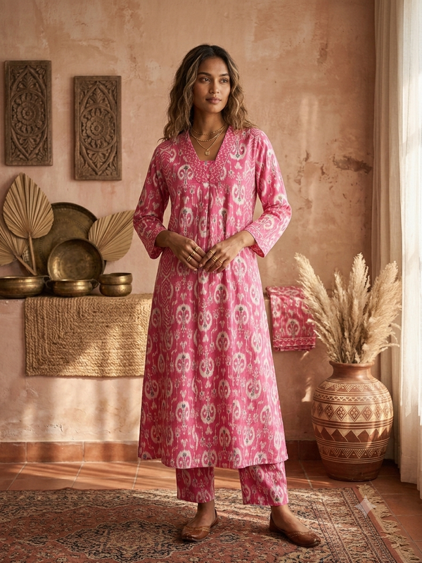 V - COLLAR NECK COTTON A-LINE CO-ORD SETS / 0578