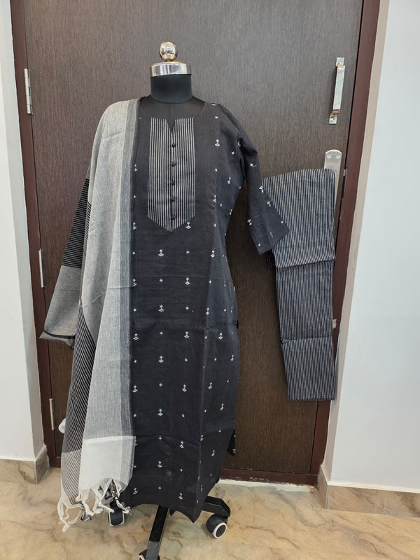 BLACK PURE HANDLOOM COTTON 3 PIECE SALWAR SETS 0533