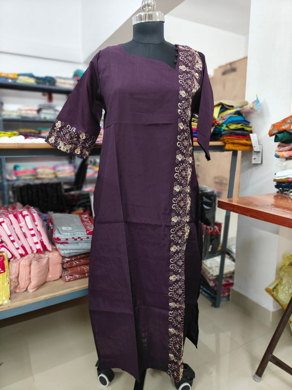 PREMIUM VATICAN SILK  ONE SIDE WINE EMBRODIERY KURTIS 0490