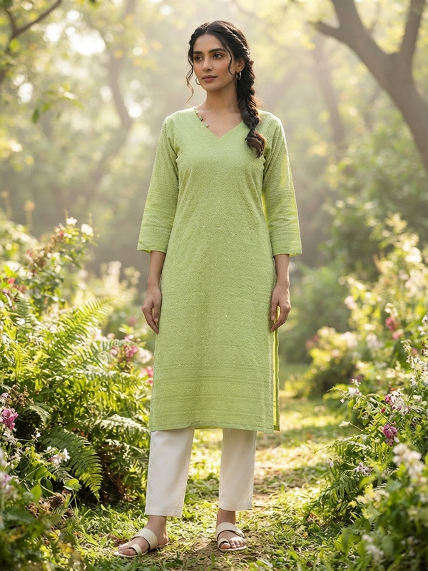 CHIKANKARI KURTIS PISTA GREEN 0605