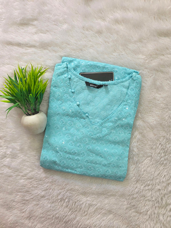 CHIKANKARI KURTIS SKYBLUE 0605