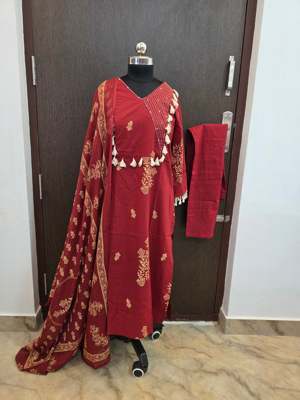 RED MAROON DESIGNER PREMIUM CAMBRIC COTTON SALWAR SETS 0551