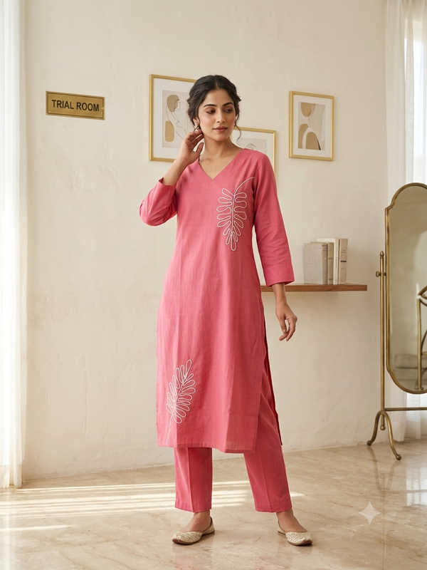 LEAF THREAD EMBROIDERED CO-ORD SETS PINK 0595