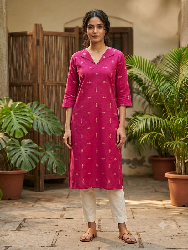 V-COLLAR NECK PREMIUM FLEX COTTON KURTIS RANI PINK /0582