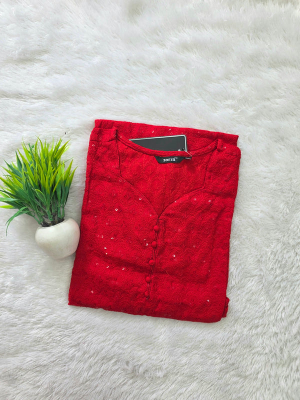 CHIKANKARI KURTIS CHERRY RED 0605