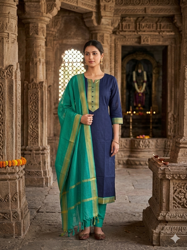 NAVY & GREEN HANDLOOM MANGALGIRI COTTON SALWAR SETS 0483