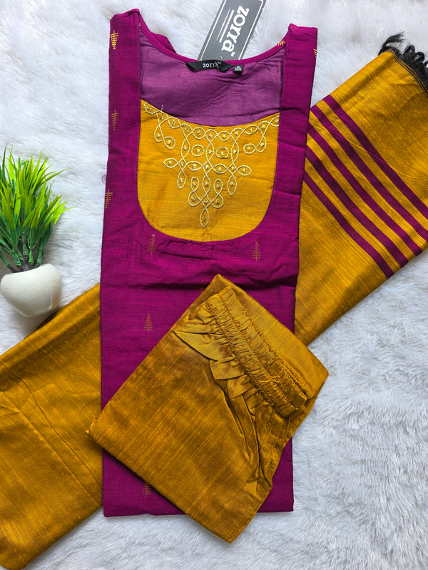 MAGENTA HANDLOOM RAW SILK KOLAM EMBROIDERED SALWAR SETS 2222