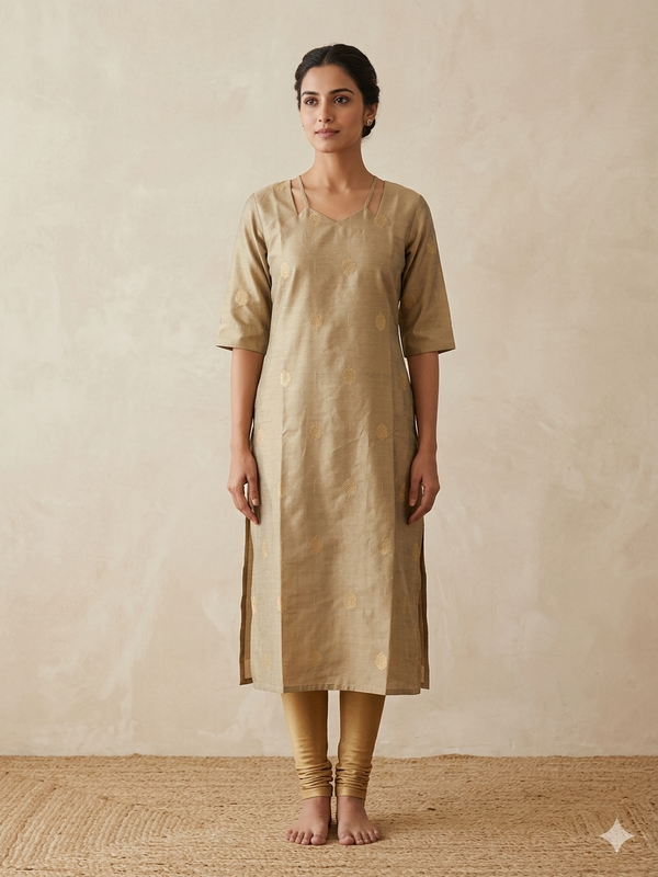 BEIGE NOODLE NECK RAW SILK KURTIS 0560