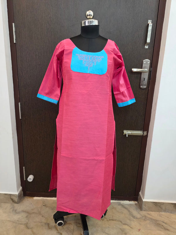 PINK WITH SKYBLUE TRENDING KOLAM RAW SILK KURTS 0534