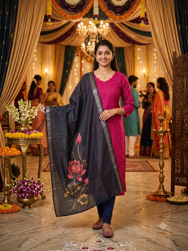RAW SILK KURTI WITH NAVY BLUE KALAMKARI DUPPATTA 0509