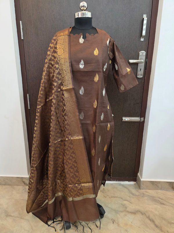 PREMIUM HANDLOOM BROWN BANARASI KURTIS WITH MATCHING NEEM ZARI WEAVING BORDER 0521