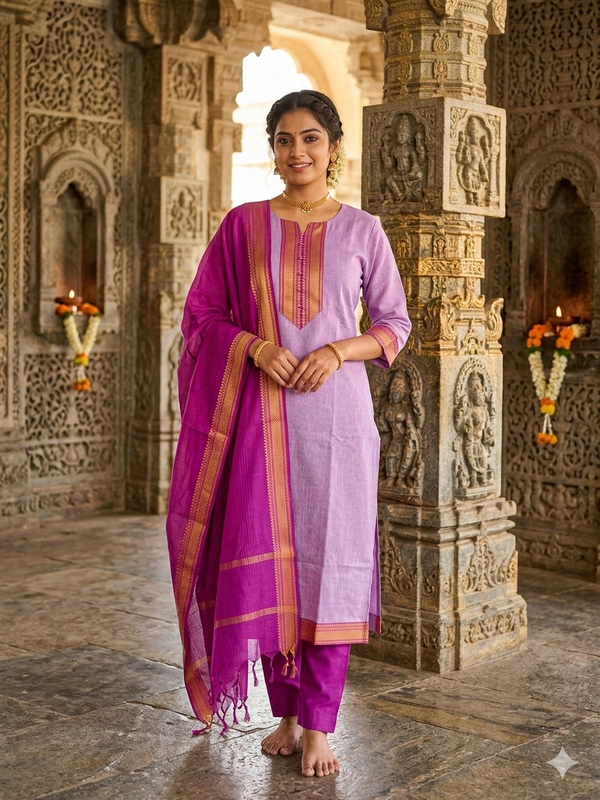 LAVENDER & MAGENTA HANDLOOM MANGALGIRI COTTON SALWAR SETS 0483